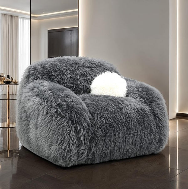 Dareen Contemporary Gray Faux Fur Swivel Chair with Ball Pillows