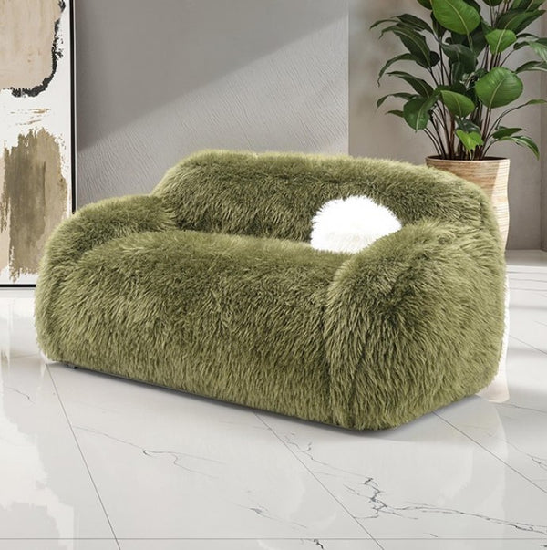 Dareen Contemporary Green Faux Fur Loveseat with Ball Pillows