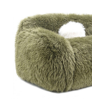 Dareen Contemporary Green Faux Fur Sofa with Ball Pillows Green fluffy pet bed on a white background