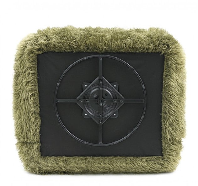 Dareen Contemporary Green Faux Fur Swivel Chair with Ball Pillows Green fluffy armchair with a white cushion on a marble floor.