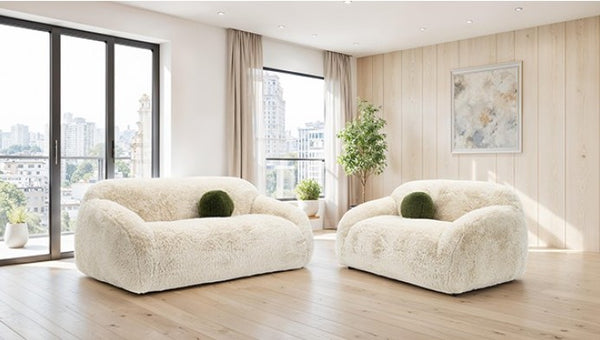 Dareen Contemporary Sand Faux Fur Loveseat with Ball Pillows