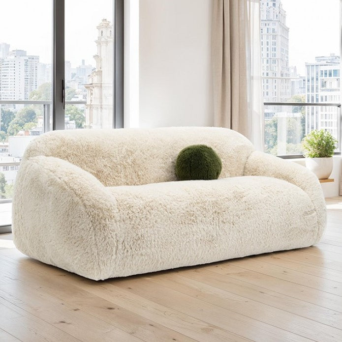 Dareen Contemporary Sand Faux Fur Sofa with Ball Pillows