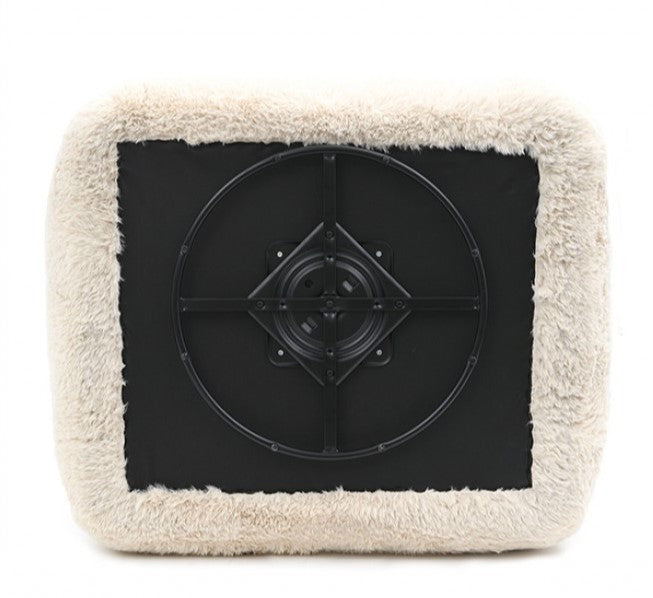 Dareen Contemporary Sand Faux Fur Swivel Chair with Ball Pillows Fluffy white armchair with a green ball on a wooden floor