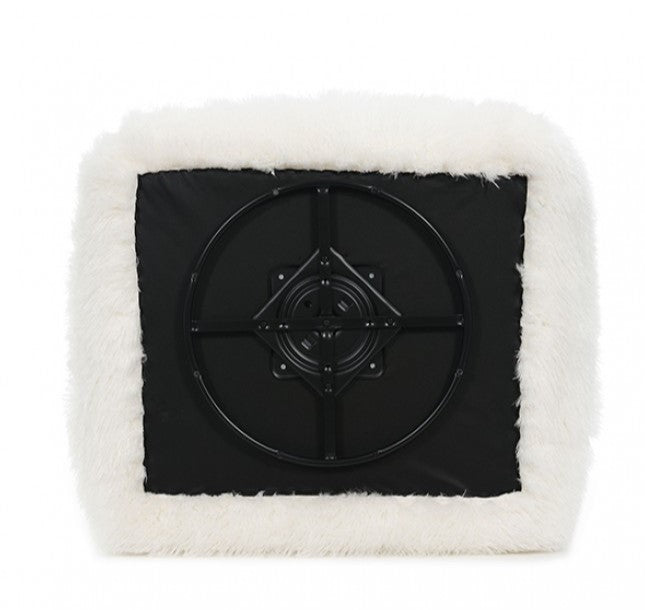 Dareen Contemporary White Faux Fur Swivel Chair with Ball Pillows White fluffy chair with a green ball in a room with a plant and abstract art.