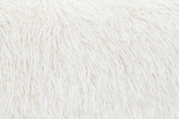 Dareen Contemporary White Faux Fur Sofa with Ball Pillows Close-up of white fluffy fabric texture