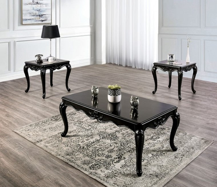 Darian Black End Table Carved Details Cabriole Legs Black ornate side table with decorative elements on a wooden floor.