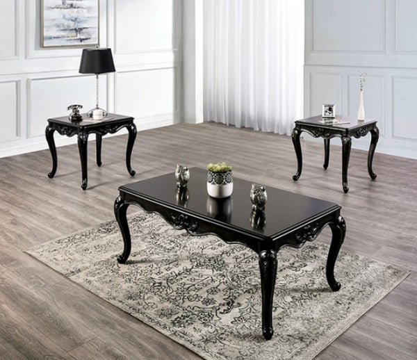 Darian Black Coffee Table Carved Details Cabriole Legs Set