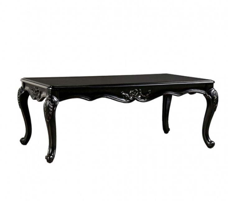 Darian Black Coffee Table Carved Details Cabriole Legs Black coffee table with decorative items on a patterned rug in a room with other tables.