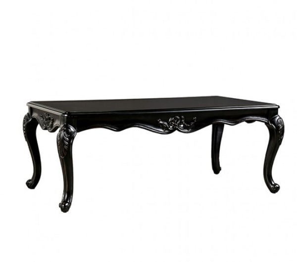 Darian Black Coffee Table Carved Details Cabriole Legs Black ornate table on a white background