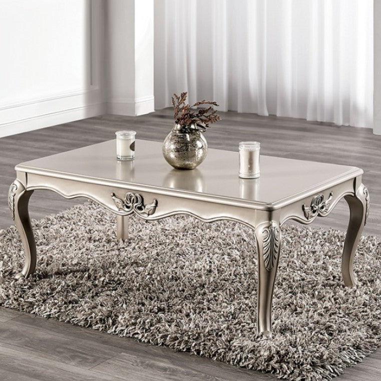 Darian Champagne Coffee Table Carved Details Cabriole Legs