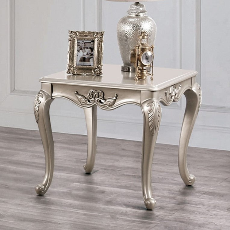 Darian Champagne End Table Carved Details Cabriole Legs 