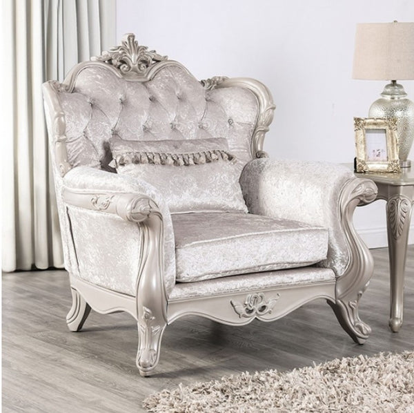 Darian Diamond Tufted Traditional Style Chair Off White Decorative armchair with intricate carvings in a room setting