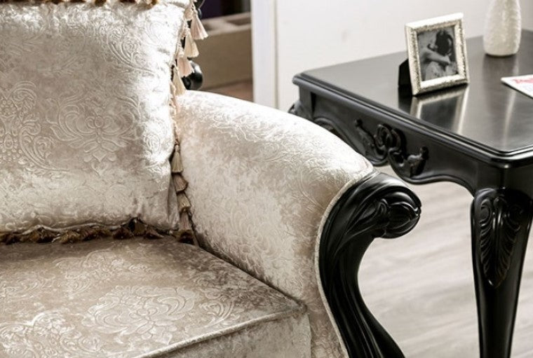 Darian Diamond Tufted Traditional Style Sofa Decorative sofa with ornate black frames in a room with large windows and a rug.