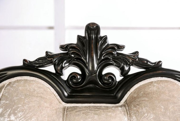 Darian Diamond Tufted Traditional Style Sofa Decorative sofa with ornate black frames in a room with large windows and a rug.
