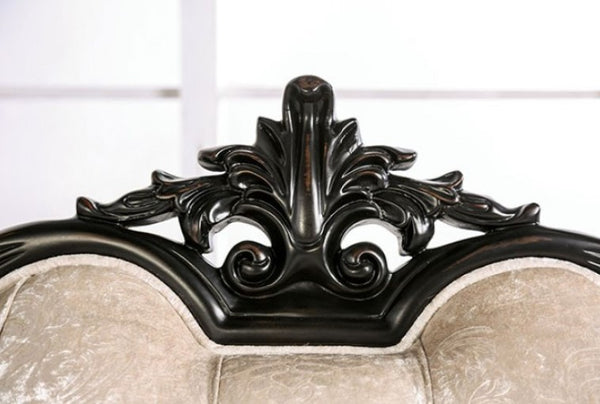 Darian Diamond Tufted Traditional Style Sofa Decorative black wood carvings on a white background