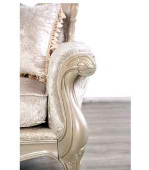 Darian Diamond Tufted Traditional Style Sofa Off White Close-up of a decorative armchair with intricate detailing on a white background