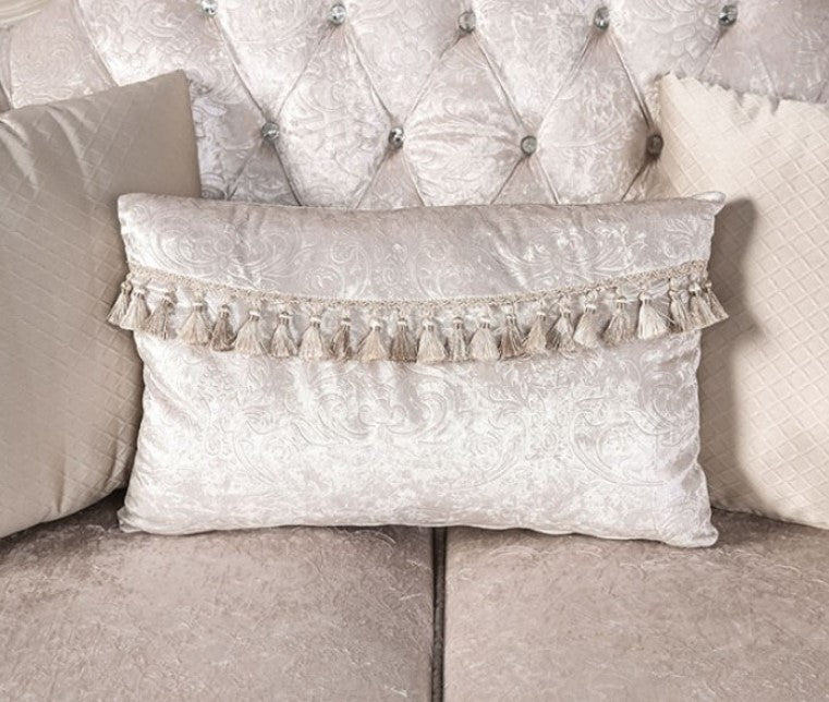Darian Diamond Tufted Traditional Style Loveseat Off White Luxurious silver sofa in a stylish living room setting with decorative pillows.