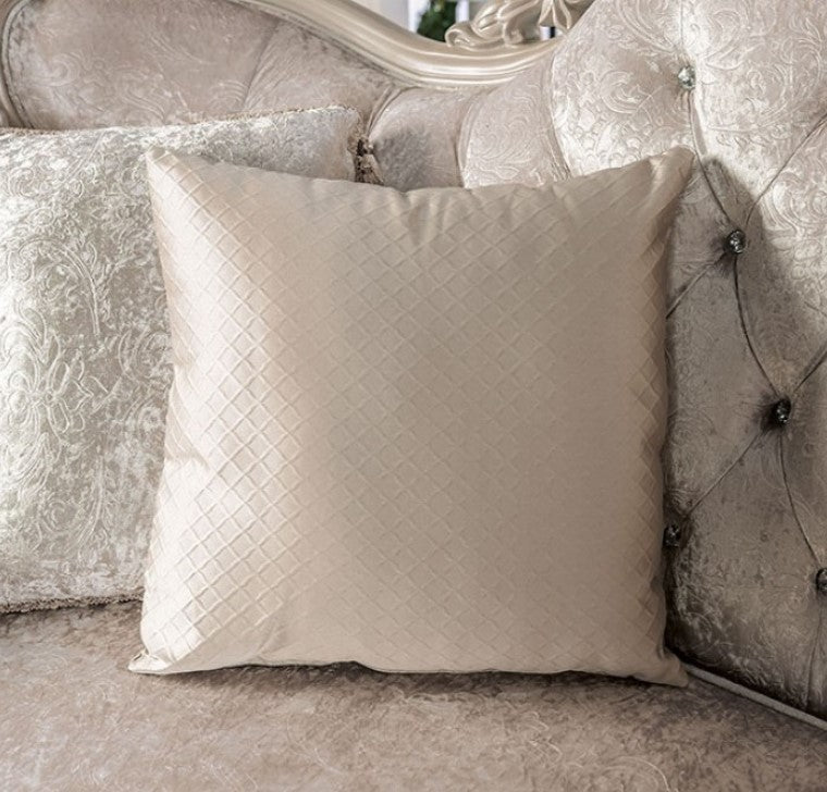 Darian Diamond Tufted Traditional Style Loveseat Off White Luxurious silver sofa in a stylish living room setting with decorative pillows.