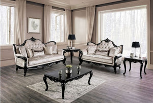 Darian Diamond Tufted Traditional Style Sofa Living room with ornate black and white furniture set.