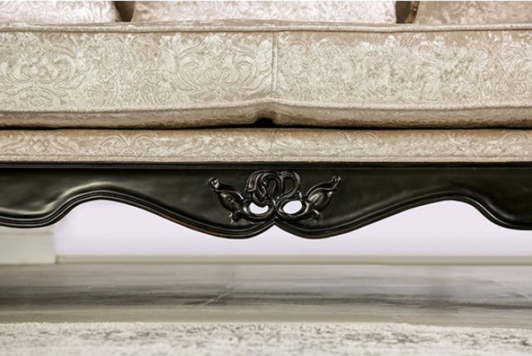 Darian Diamond Tufted Traditional Style Sofa Decorative sofa with ornate black frames in a room with large windows and a rug.