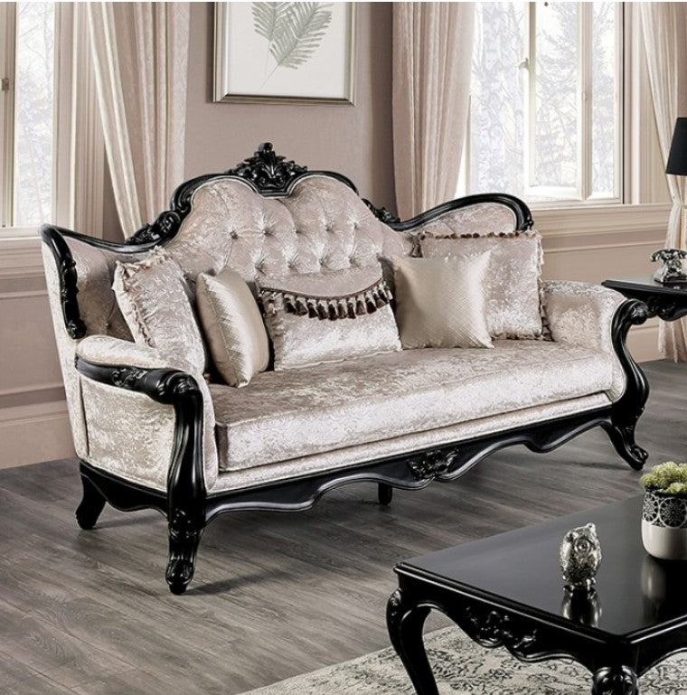 Darian Diamond Tufted Traditional Style Sofa Decorative sofa with ornate black frames in a room with large windows and a rug.