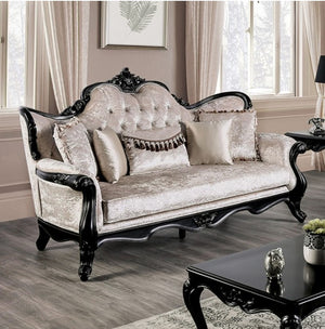 Darian Diamond Tufted Traditional Style Sofa Decorative sofa with ornate black frames in a room with large windows and a rug.