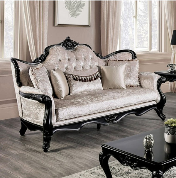 Darian Diamond Tufted Traditional Style Sofa Decorative sofa with ornate black frames in a room with large windows and a rug.