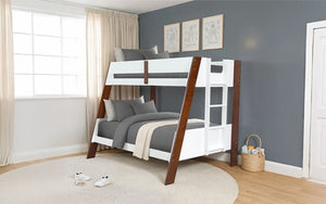 Davin Twin Full Bunk Bed White Dark Cherry Bunk bed in a room with gray walls, white window frames, and a rug.