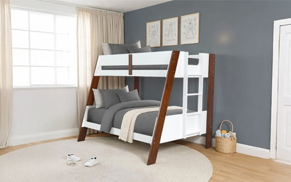 Davin Twin Full Bunk Bed White Dark Cherry Bunk bed in a room with gray walls, white window frames, and a rug.