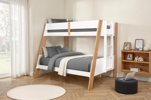 Davin Twin Full Bunk Bed White Natural Bunk bed in a room with a shelf and window