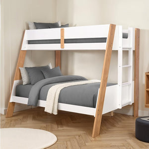 Davin Twin Full Bunk Bed White Natural White and wooden bunk bed with gray bedding in a room.