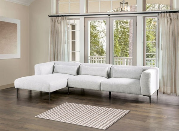 Debron Linen Light Gray Sectional Sofa White sectional sofa in a living room with large windows and curtains.