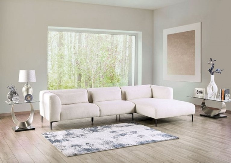 Debron Linen White Sectional Sofa Modern living room with a white sectional sofa, side tables, and decor.