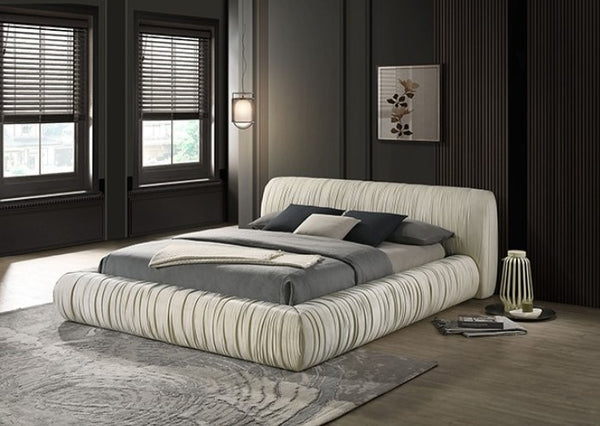 Decodale Ivory Fabric Pleated Fully Upholstered Platform Bed Modern bedroom with a large bed, windows, and decor.