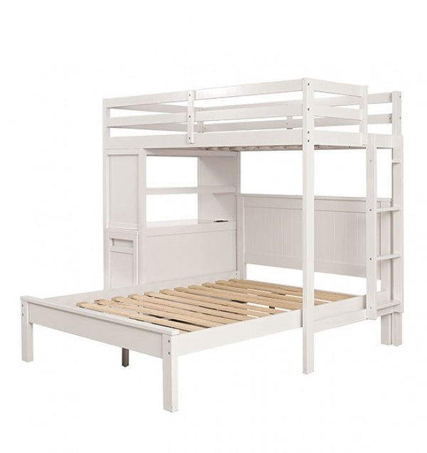 Dino Loft Bed With Full Bed White wooden bunk bed with a ladder on a white background