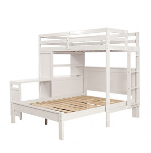 Dino Loft Bed With Full Bed White L-shaped bunk bed with wooden slats on a white background