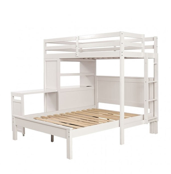 Dino Loft Bed With Full Bed White L-shaped bunk bed with wooden slats on a white background
