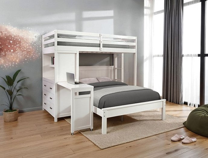 Dino Loft Bed With Full Bed White bunk bed with desk in a room with a window and rug.