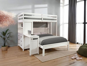 Dino Loft Bed With Full Bed White loft bed with desk in a room with large windows and a plant.