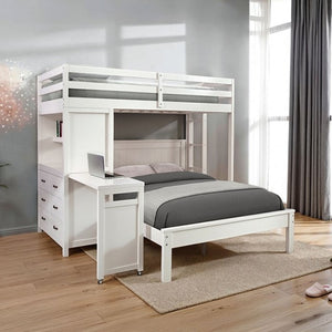 Dino Loft Bed With Full Bed White bunk bed with desk in a room with a window and rug.