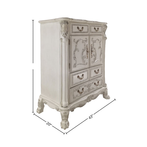 Dresden Bone White Traditional Style Chest An ornate vintage-style white cabinet with gold-toned hardware, shown with dimension lines indicating 20 inches deep, 45 inches wide, and 75 inches tall on a white background.