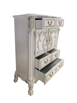 Dresden Bone White Traditional Style Chest An ornate vintage-style cabinet in a distressed off-white finish with carved details and multiple drawers and doors, shown on a plain white background with some drawers open.
