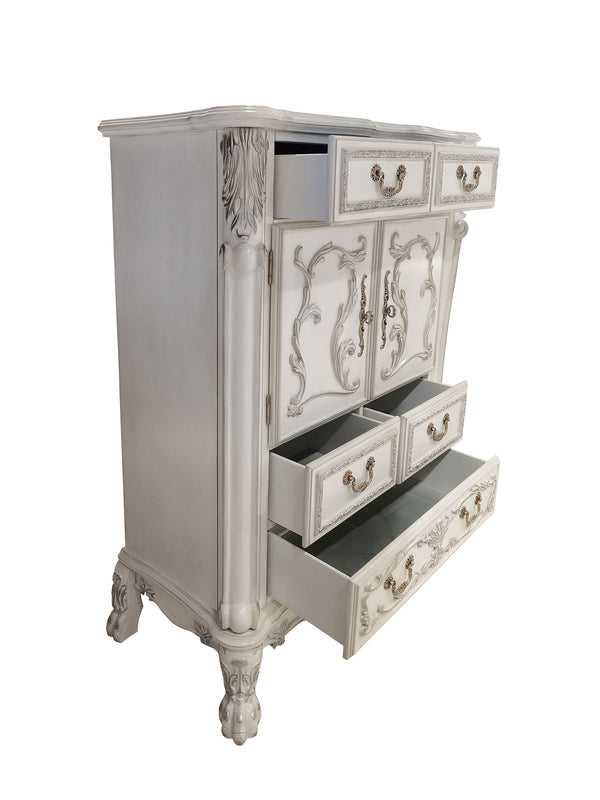 Dresden Bone White Traditional Style Chest An ornate vintage-style cabinet in a distressed off-white finish with carved details and multiple drawers and doors, shown on a plain white background with some drawers open.