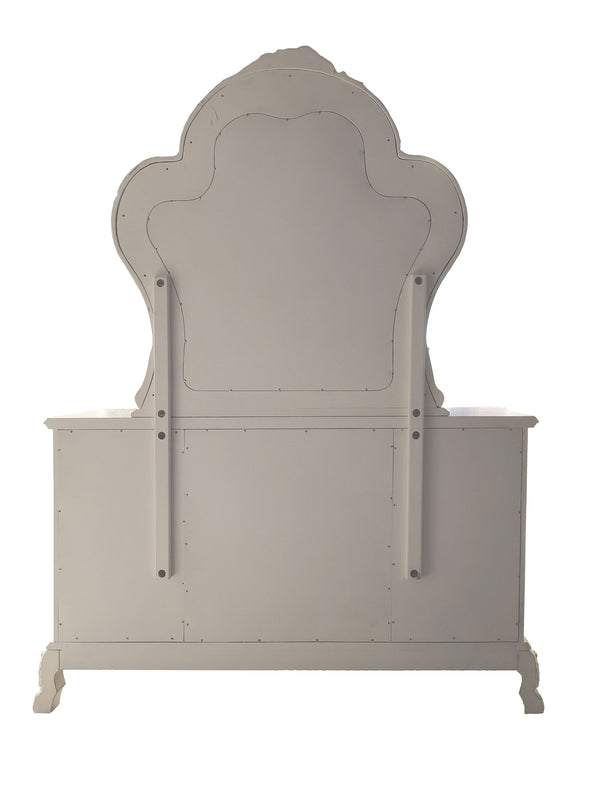 Dresden Bone White Traditional Style Dresser A light gray upholstered wooden bed frame with a tall, arched headboard featuring decorative molding and small metal rivet details, shown against a plain white background.