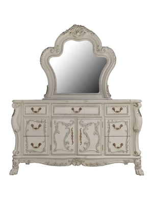 Dresden Bone White Traditional Style Dresser An ornate white carved dresser with a matching arched mirror, featuring multiple drawers and cabinet doors with decorative handles.