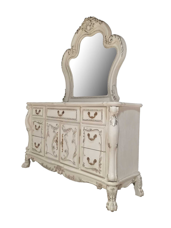 Dresden Bone White Traditional Style Dresser An ornate distressed white dresser with an arched mirror, featuring multiple drawers and carved decorative details.