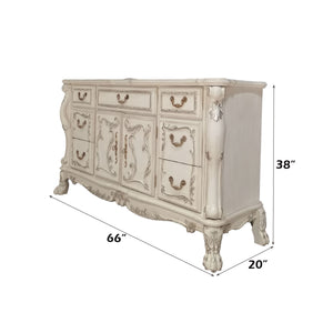 Dresden Bone White Traditional Style Dresser Decorative chest of drawers with dimensions on a white background