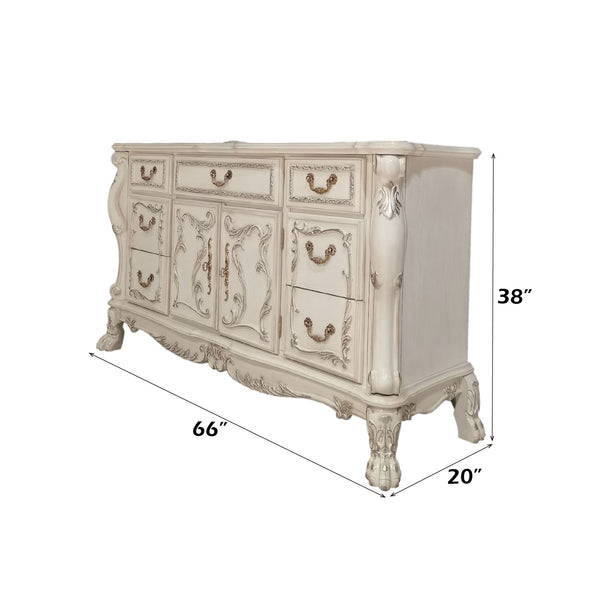Dresden Bone White Traditional Style Dresser Decorative chest of drawers with dimensions on a white background