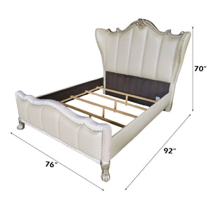 Dresden Bone White Traditional Style Fully Upholstered Bed Bed with decorative headboard and dimensions labeled on a white background