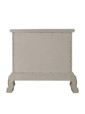 Dresden Bone White Traditional Style Nightstand Light gray wooden bed frame on a white background